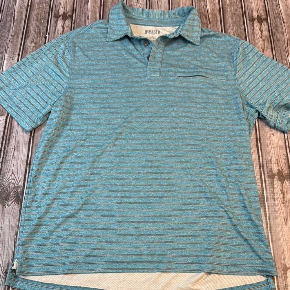 Duluth Trading Company Men's Striped Teal Polo Shirt size Medium